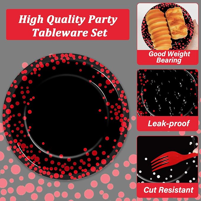 96 Pcs Black and Red Party Plates and Napkins Party Supplies Red Dot on Black Party Birthday Tableware Set Decorations Favors for Birthday Baby Shower Serves 24