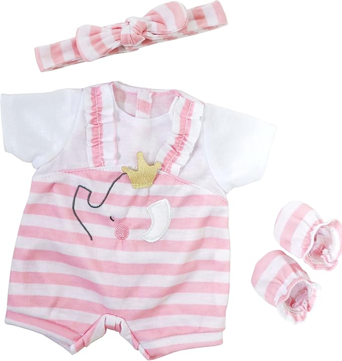 JC Toys | Berenguer Boutique | Baby Doll Outfit | Pink Stripes and White Overall Shorts | Includes Headband and Booties | Ages 2+ | Fits Dolls 14"- 16"