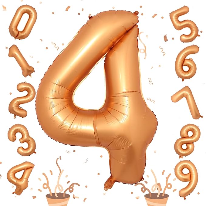 Large Foil Number 4 Balloons, 40 Inch Number Balloon 4 Decor for Boys, Mylar Helium Self Inflating Orange 0-9 Set Balloon for Kids Girls 4th Birthday Anniversary Celebration Party Decorations Supplies