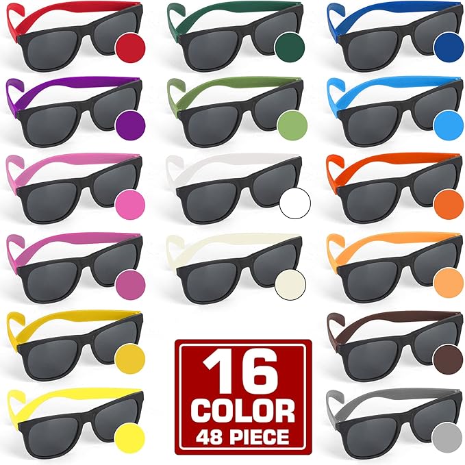 48 Pack 16 Colors Neon Party Sunglasses, 80’s Retro Style Party Favors Sun Glasses Bulk for Carnival, Summer Pool Toys, Goody Bag Stuffers, Boy and Girl Beach Party Supplies, Birthday, School Gift