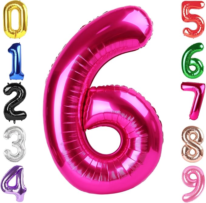 40 Inch Hot Pink Number 6 Balloon, Giant 6 Number Balloons for 6th Birthday Decorations, Party Supplies for Baby Boy Girl, Hot Pink Party Decor