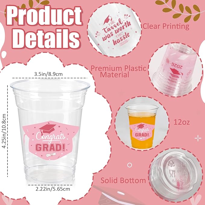 GuassLee Rose Gold Graduation Decorations 2026 Party Cups - 50pcs 12 Oz Rose Gold Disposable Graduation Plastic Clear Cups for Drinks Class of 2026 Grad Party Supplies