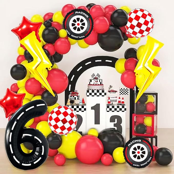 Race Car Birthday Party Decorations Large Lightning Bolt Foil Balloons Race Car Balloons 40 Inch Racetrack Number 6 Balloon for Boys 6th Race Car Birthday Party Decor Supplies