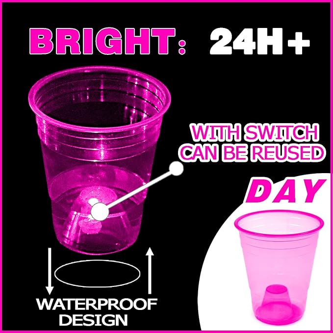 mishunyus 24 pcs Pink Glow-in-the-Dark Plastic Cup Set for Party Event Fun, 16 oz Cups, Wedding House Parties Birthdays Concerts Weddings BBQ Beach Holidays