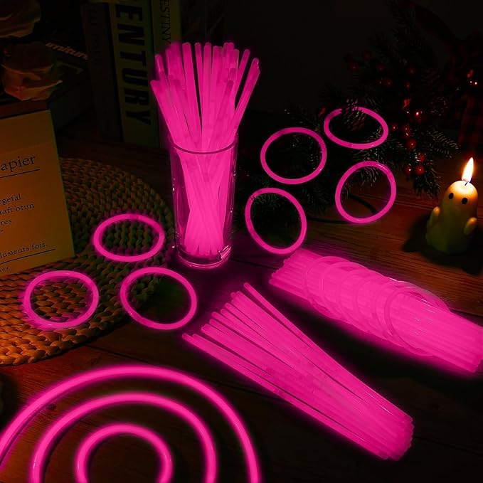 200 Pack 8'' Glow Sticks Bulk Party Favors Pink Light Up Sticks with Connectors Neon Glow in the Dark Party Supplies Bracelets for Holiday Birthday Party Decoration(Pink)