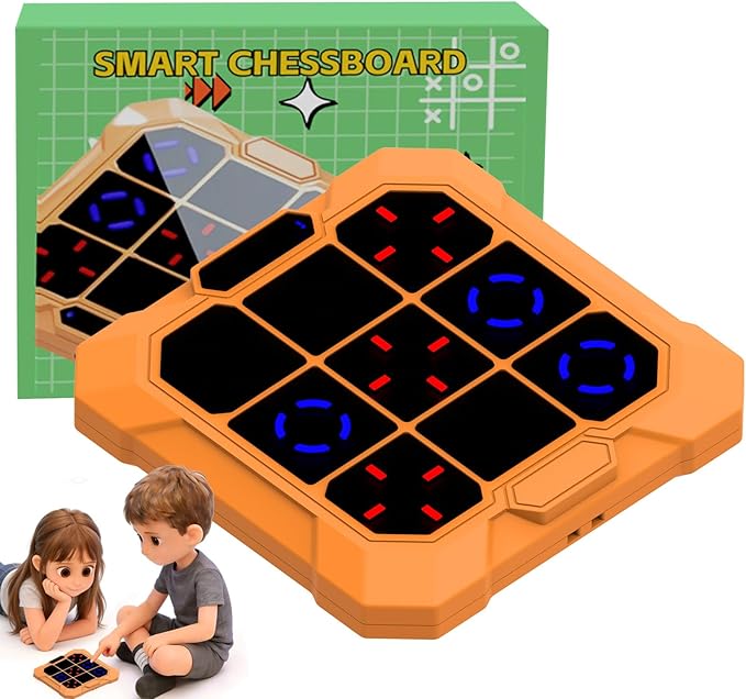 6-in-1 Rechargeable Electronic Tic-Tac-Toe Game, Portable Digital Travel Toy, Suitable for Children, Boys, Girls and Adults, Educational Memory Learning Toy for Ages 4 and Up (Orange)