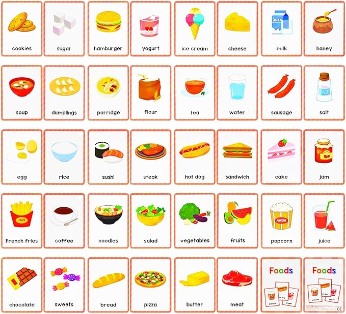 Learning Flashcards Foods, 38 Different Foods Educational Cards, Social Learning Card for Kids