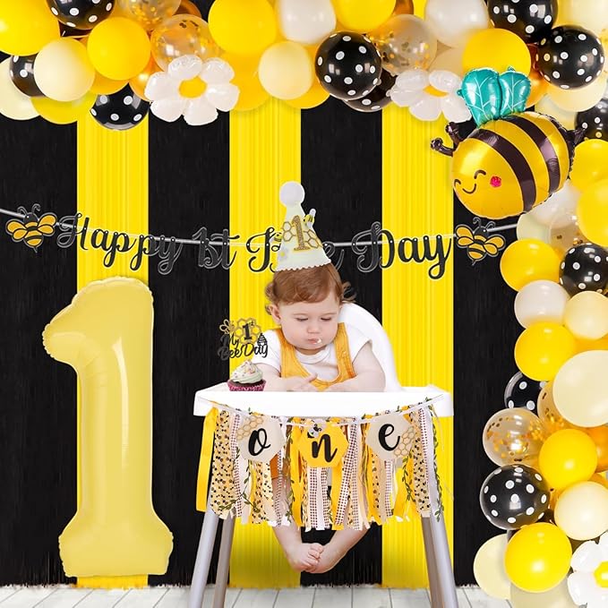 Bee Theme Highchair Banner for Baby First Birthday Party Decorations Happy 1st Bee Day High Chair Tassel Garland for Boys Girls Bumble Bee One Birthday Photo Props Backdrop Decor with Cake Topper