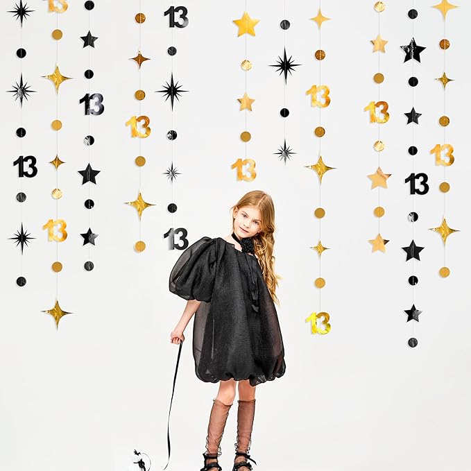 Black Gold 13th Birthday Decorations Number 13 Circle Dot Twinkle Star Garland Metallic Hanging Streamer Banner Backdrop Girls Boys 13 Years Old Birthday Thirteen Official Teenager Party Supplies