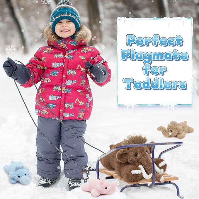 4Pcs Woolly Mammoth Plush Toy, Cute 22" Mommy Elephant Stuffed Animal with 3 Babies for Boys Girls Kids, Cuddly Christmas Birthday Gift for Ancient Animal Lover