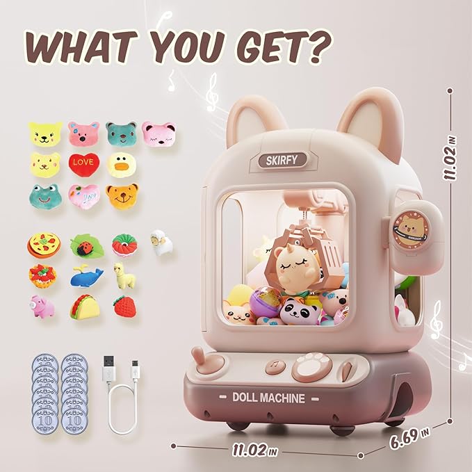 Skirfy Mini Claw Machine for Kids,Vending Machine, Prize Dispenser Toys for Girls and Boys, Electronic Game for Party Birthdays Includes 32 Mini Toys(Brown)