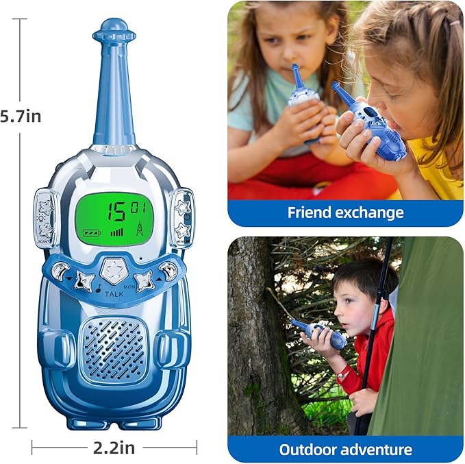 Mini Robot Kids Walkie Talkies 2 Pack,Walkie Talkies for Kids with Backlit LCD Flashlight,3-12 Year Boy Girl Gift,Birthday Christmas Toy Gift,3 KM Range for Camping, Hiking,Outdoor Play (Blue)