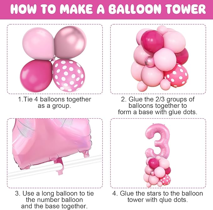 Pink 3rd Birthday Balloons Decorations, Hot Pink Rose Polka Dots Balloon Arch Kit, Huge Bow Foil Balloons, pink Number 3 Balloon Tower for Baby Shower Girls Princess 3rd Theme Party