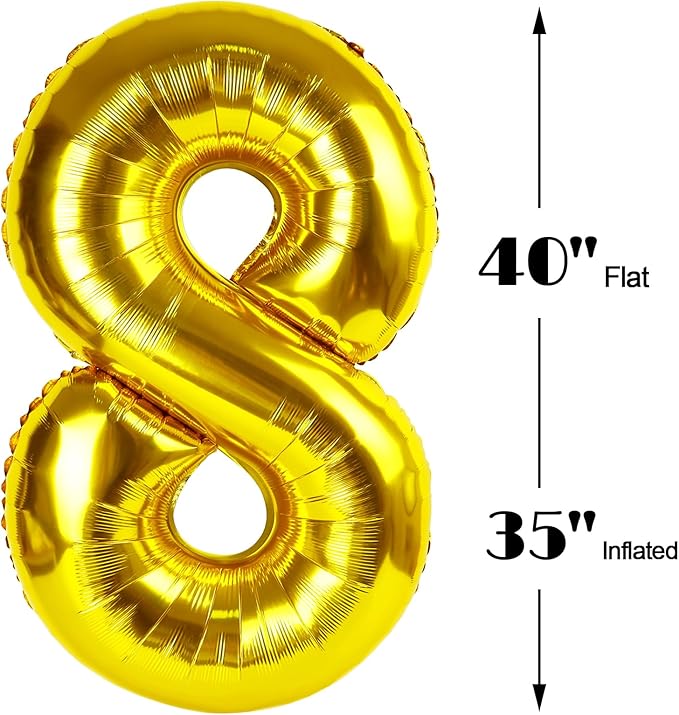 Gold Foil Number 8 Balloon 40 Inch, Helium Mylar Eight Number 8 18 28 38 48 58 88 Birthday Balloons, 8th Gold Women Men Wedding Anniversary, Graduations Party Supplies