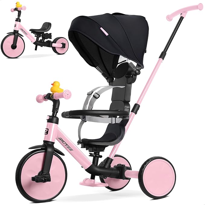 8-in-1 Tricycle for 1.5-5 Years, Tool-Free Switch, Toddler Tricycle with Parent Steering Control Handle for 1.5 to 5 Yrs, Toddler Trike 1.5-3 Years with 5-Point Harness and Large Canopy, Pink