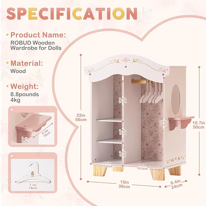 ROBUD Wooden Play Armoire Closet for Dolls, Doll Closet Furniture Wardrobe with 5 Hangers, Mirror, Velvet Curtains, Fits 16–20 Inch Dolls & Doll Clothes, Gift for Boys & Girls Ages 3+