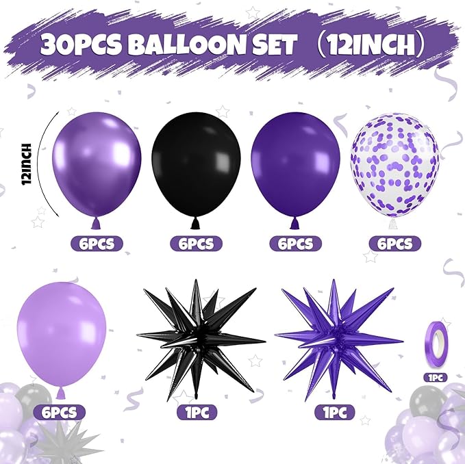 Purple and Black Balloons, 12 Inch Metallic Purple Dark Light Purple Black Confetti Balloon with Star Foil Balloons for Girls Women Birthday Wedding Graduations Party Decorations