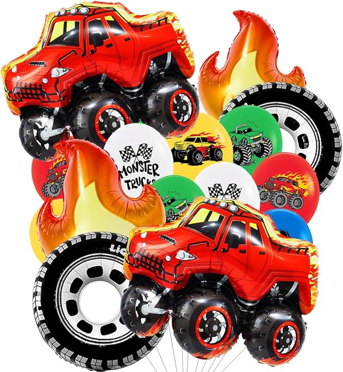 Monster Truck Theme Birthday Party Decorations Wheels Balloons Fire balloons Happy Birthday Truck Shaped Balloons for Girls Boys Birthday Baby Shower Wedding Party Supplies