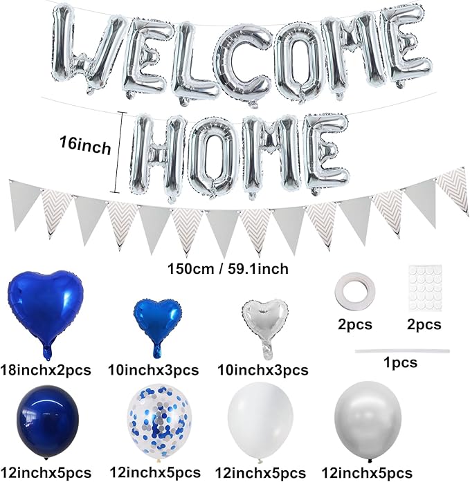 TONIFUL Welcome Home Decorations,16 Inch Silver Welcome Home Foil Balloon Banner Blue Silver Confetti Balloons Pennant Flag Bunting for Homecoming Party House Warming Party Family Gathering Supplies
