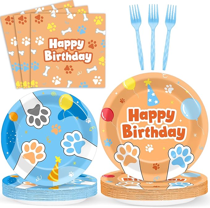 96Pcs Blue Dog Happy Birthday Party Supplies Cartoon Puppy Paper Plates and Napkins Disposable Paw Tableware Dinnerware Set for Kids Dogs Parties Decorations Favors Baby Shower Serve 24