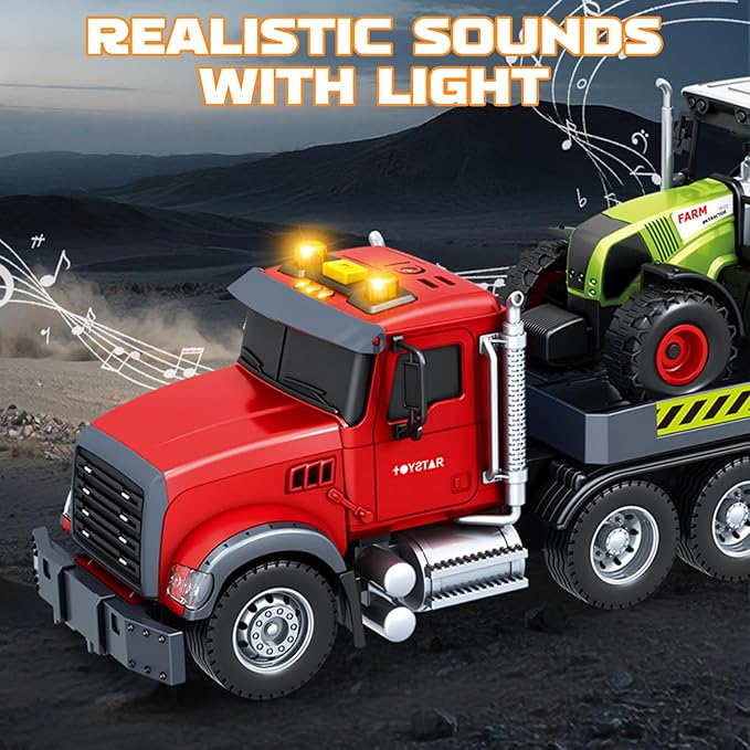 Large Flatbed 21" Semi Truck Toys for Kids with Tractor & Dump Truck,Friction Powered Vehicles Toys with Lights and Sounds,Christmas Birthday Gift Kids Boy Girls Toddlers Age 3 4 5 6 7