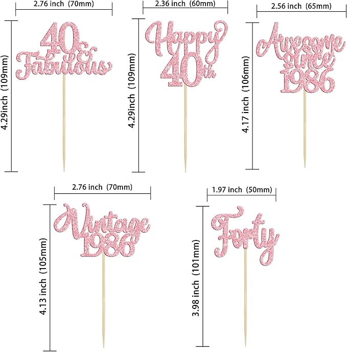 Ephlyn 30Pcs Vintage 1986 Cupcake Toppers Glitter Forty Happy 40th Birthday 40 Fabulous Cupcake Picks Cheers to 40 Years for 40th Birthday Wedding Anniversary Party Cake Decorations Supplies Pink