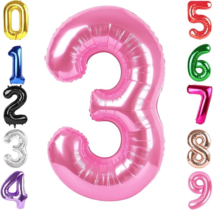40 Inch Pink Number 3 Balloon, Giant 3 Number Balloons for 3rd Birthday Decorations, Party Supplies for Baby Boy Girl, Pink Party Decor