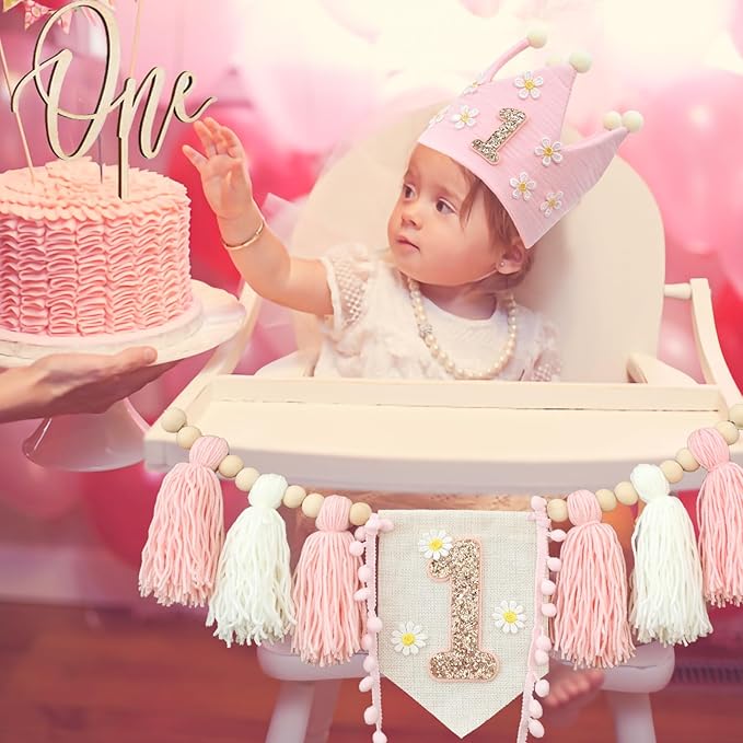 Daisy 1st Highchair Wood Bead Tassel Garland Crown Hat Wooden Cake Topper Birthday Baby Shower Decorations