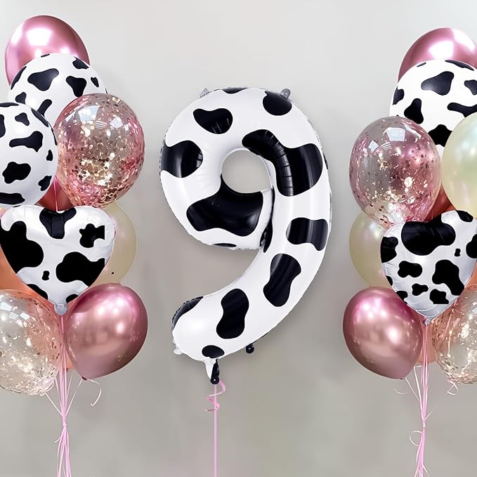 Cow Print Number 9 Balloon, Large 40 Inch Cow Number Birthday Balloons, Foil Mylar Number 9 Balloons for 9 Year Old Birthday Party Decorations Supplies Animal Farm Cowboy Cowgirl Themed Party
