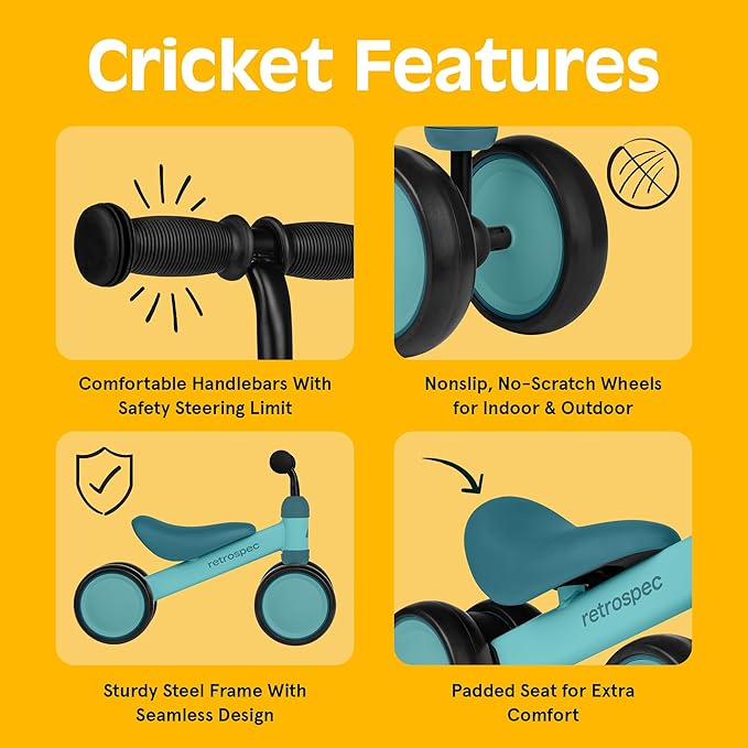 Retrospec Cricket Baby Balance Bike, 4-Wheel Ride-On Toy for Ages 12-24 Months – First Bike & Toddler Bike for 1 Year Old Boys & Girls, First Birthday Gift