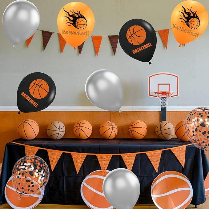 Basketball Balloons, 60Pcs 12 Inch Black Orange Metallic Silver Confetti Basketball Party Balloons for Kids Boy Sport Birthday Party Sports Baby Shower Graduation Party Decorations