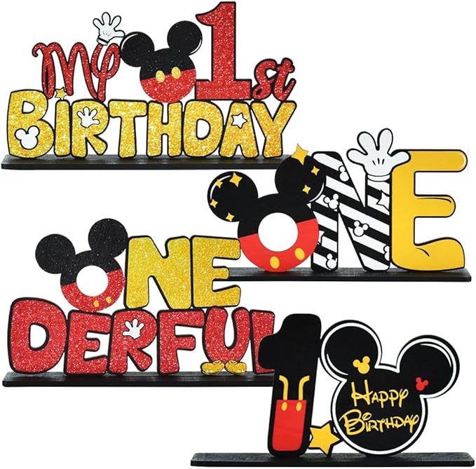 TONIFUL Mouse 1st Birthday Party Supplies 1st Table Centerpieces - Red Mouse Theme Design and Sturdy Wooden for One Year Old Birthday Party Favors 1st Birthday Party Decorations (4 Pcs)