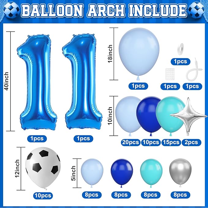 11th Birthday Soccer Party Decoration for Boys, 11th Soccer Birthday Balloons Arch with Royal Blue Teal Light Blue Balloon Garland Kit Large Number 11 Balloon for 10th Football Birthday Party Supply