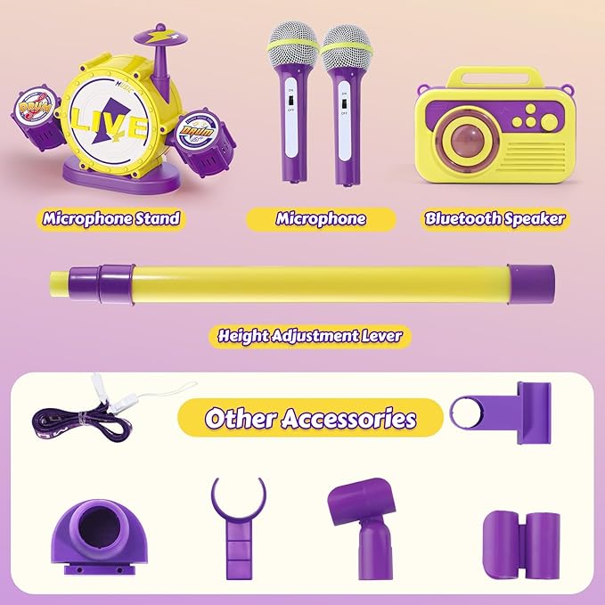 Kids Karaoke Microphone with Adjustable Stand – Bluetooth Kids Karaoke Machine with Lights, Voice Changer, & Recording –Microphones for Singing, Christmas & Birthday Gifts for Girls-Yellow