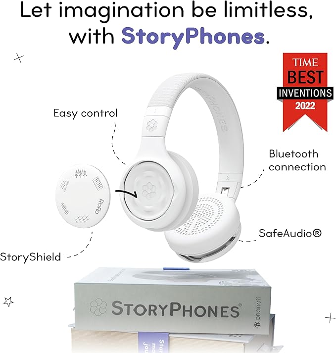 Storytelling Foldable Bluetooth Kids Headphones-Intro Bundle with ZenDisk and PlayShield, Perfect for Travel, Learning, Screen-Free Entertainment, Stories and Music by Onanoff (White)