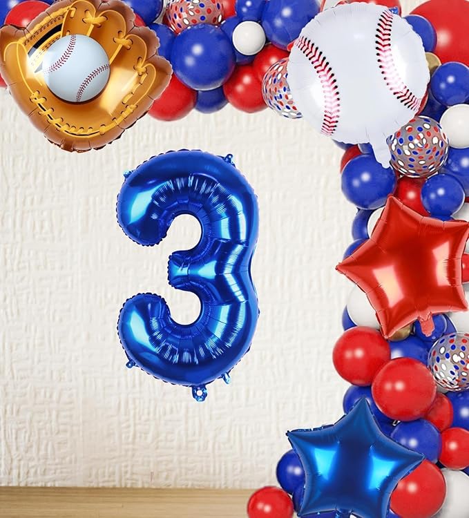 Baseball Balloons 3rd Birthday Decorations for Boys | Baseball Birthday Decoration Sports Theme Party Supplies, 32Inch Foil Mylar Number 3 Balloon Navy Blue Red White Sports Balloon Arch Kits