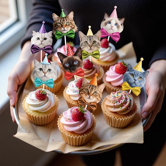 24 Pcs Adorable Cat Cupcake Topper,8 Unique Designs About Cute Cats with Party Hats Cupcake Decorations for Cat Theme Birthday Party Supplies