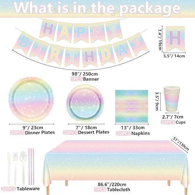 Pastel Rainbow Birthday Party Supplies, Includes Happy Birthday Banner, Tablecloth, Plates, Napkins, Cups, Knives, Forks, Spoons, Straws for Girls Birthday Party Decorations, Serves 20 Guests