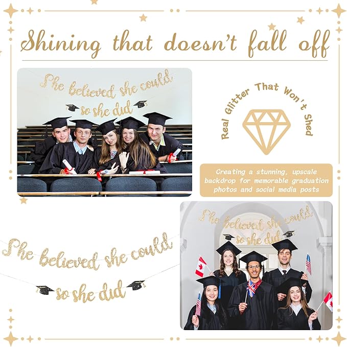 She Believed She Could So She Did Banner - Pre-Strung Glitter Graduation Decorations 2026 for Women Girls, Inspirational Grad Party Supplies, Class of 2026 College High School Masters PhD Decor (Champagne Gold)