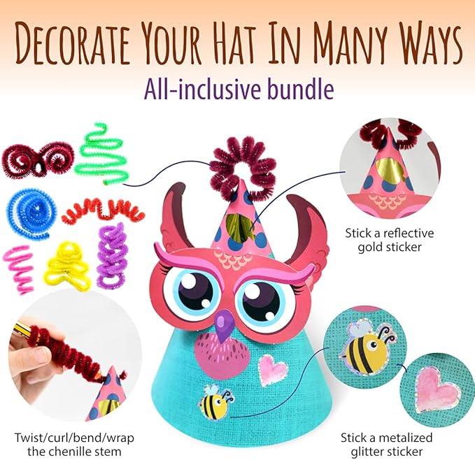 Glittery Garden Woodland Themed Christmas Party Hats Making Kit c/w Chenille Stems & Stickers. Group Activities, DIY Art Craft Home Project. Birthday, Easter & Fiesta Decoration for Kid