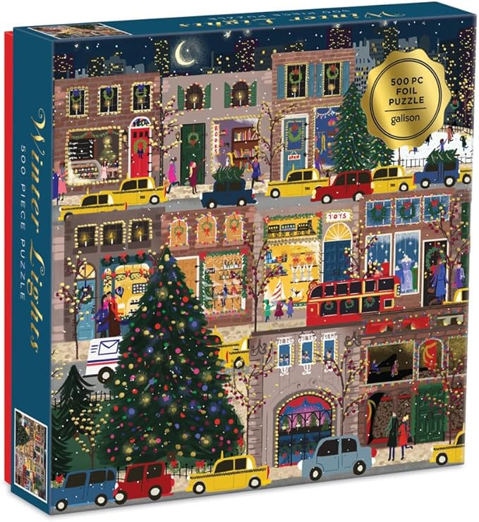 Galison Winter Lights Foil Puzzle, 500 Pieces, 20” x 20” – Holiday Jigsaw Puzzle Featuring a Festive City Scene by Joy Laforme – Thick, Sturdy Pieces, Challenging Family Activity, Great Gift Idea