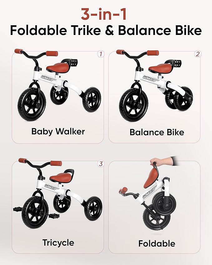 3-in-1 Foldable Tricycle and Balance Bike for Toddlers 2 to 5 Years, Tricycle for 2 Years with Adjustable Handlebar and Seat, Tricycles for 3-5 Years with DIY Plate, White