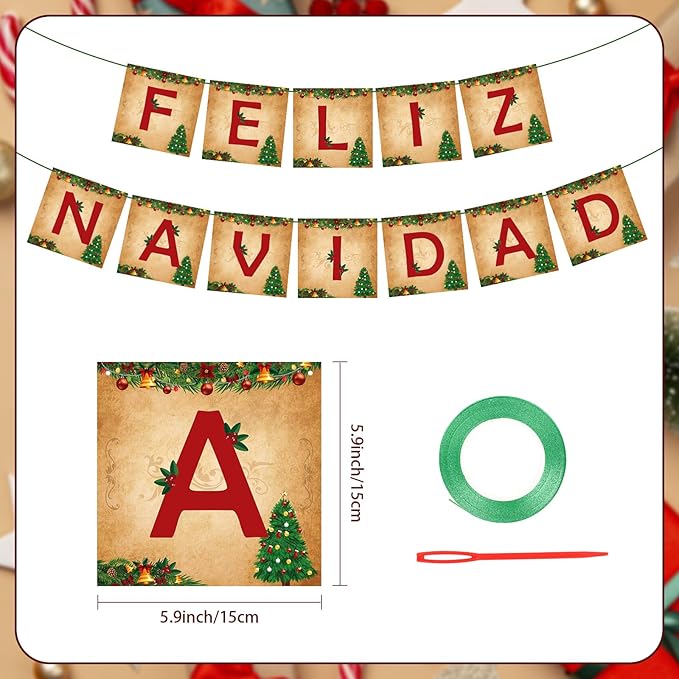Feliz Navidad Banner Merry Christmas Banner Vintage New Year Garlands Sign for Feliz Navidad Christmas Decorations Mexican Spanish Holiday Decor Home Office Party Fireplace Mantle Decor