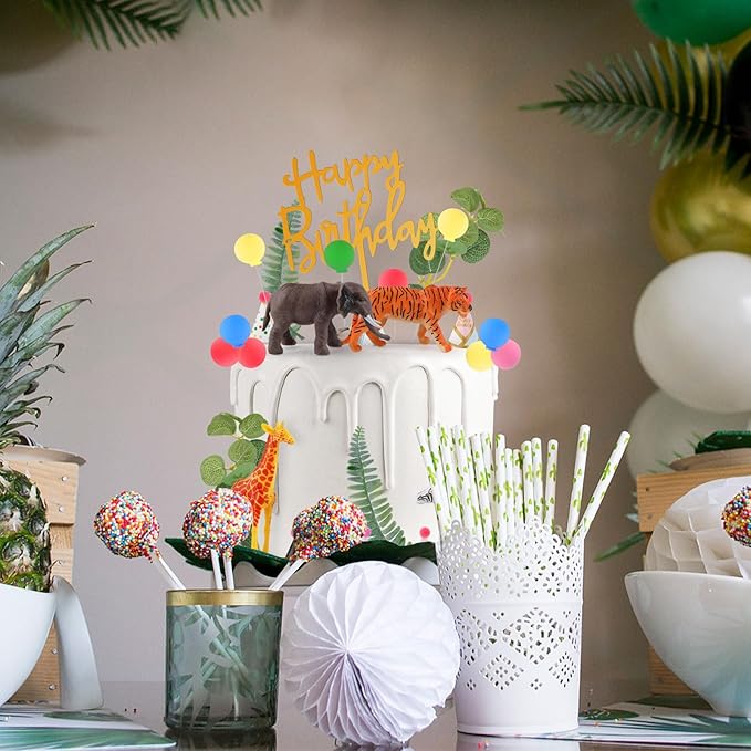 Hooqict 34 Pcs Safari Animal Cake Toppers with Mini Birthday Party Hats Party Animal Birthday Decorations Jungle Cake Decorations for Kids Wild Zoo Theme Party Decorations