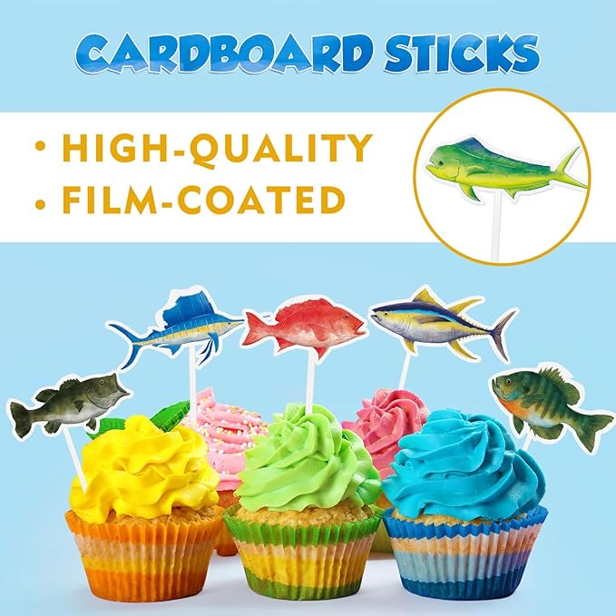 WERNNSAI 36PCS Fishing Cupcake Toppers - Fishing Birthday Party Cake Decorations for Kids Boys Gone Fish Cake Toppers Fishing Baby Shower Party Supplies Summer Outdoor Fishing Party Favors Cake Decor