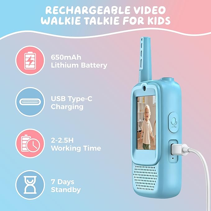 Video Walkie Talkies for Kids, 2 Pack Rechargeable Walkie Talkies with Screen, Long Range 2 Way Radio with 4 Voice Effects, Christmas Birthday Gifts for Age 3-12 Boys Girls Indoor/Outdoor/Camping