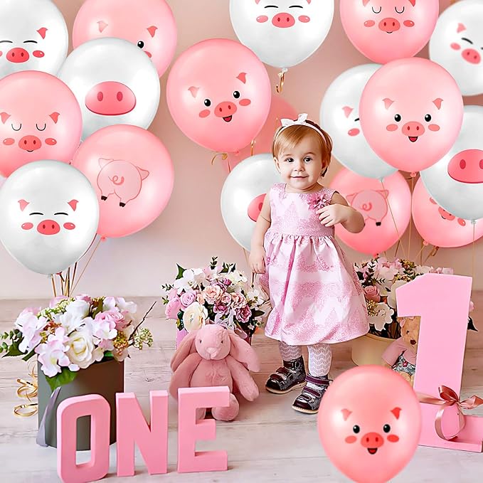 50 Pcs Pig Farm Animal Balloons 12 Inch Pig Print Latex Piggy Pink Birthday Party Decorations Cute Kids Balloons for Farmhouse Pink Farm Themed Birthday Baby Shower Party Supplies