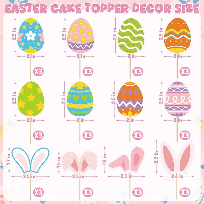 36pcs Easter Cupcake Toppers, 12 Kinds Easter Cake Topper Decorations, Paper Colorful Easter Eggs Bunny Ears Cake Topper Decor, Single Sided Printing Spring Party Desserts Cupcake Topper Decoration
