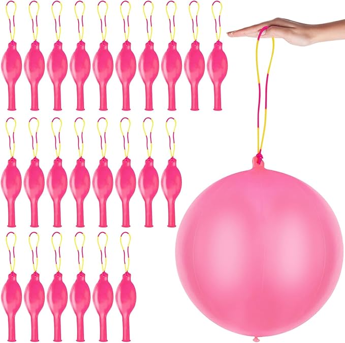 24 Pcs Pink Punch Balloons Bounce with Rubber Band Handle Punching Balloon Heavy Duty for Birthday party favors, Kids (Pink)
