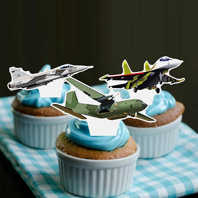 Airplane Cupcake Toppe 48PCS Fighter Jet Cake Decorations Fighter Pilot Birthday Party Decorations Aviation Aircraft Cupcake Picks for Military Theme Baby Shower Birthday Party Supplies